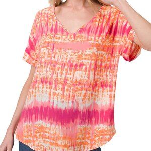 Zenana Medium Woven Wool Dobby Printed Rolled Sleeve V-Neck Colorful Top